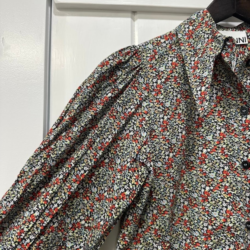 GANNI Womens Top Size 32 Placid Blue Floral Organic Cotton Puff Shoulder NEW - Picture 3 of 11